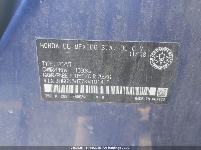 2019 Honda Fit VIN: 3HGGK5H77KM101416 Lot: 12460925