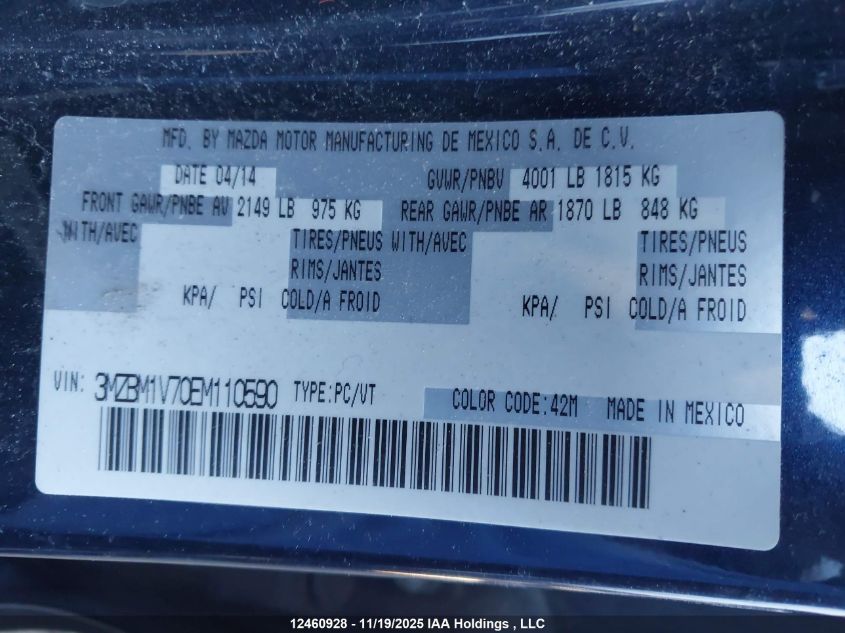 2014 Mazda 3 Touring VIN: 3MZBM1V70EM110590 Lot: 12460928