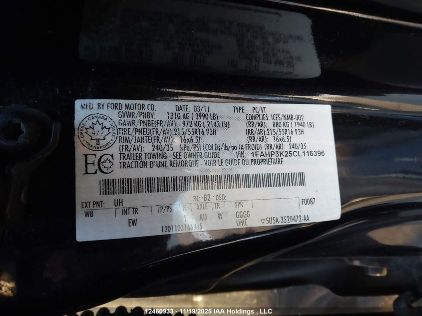 1FAHP3K25CL116396 2012 FORD FOCUS photo no. 9