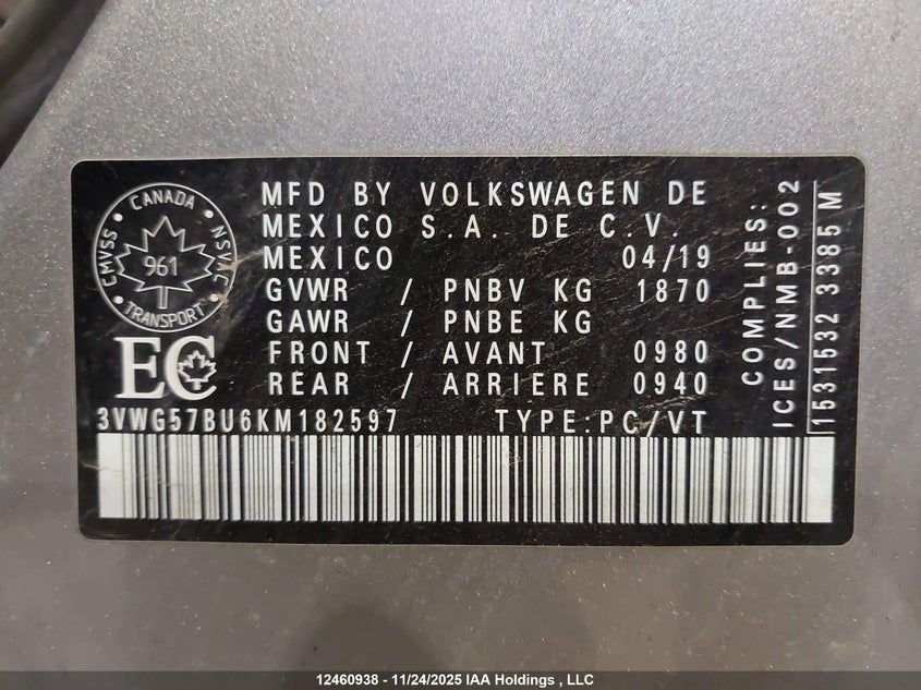 3VWG57BU6KM182597 2019 VOLKSWAGEN JETTA photo no. 19