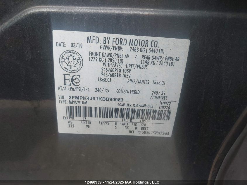 2019 Ford Edge Sel VIN: 2FMPK4J91KBB90983 Lot: 12460939