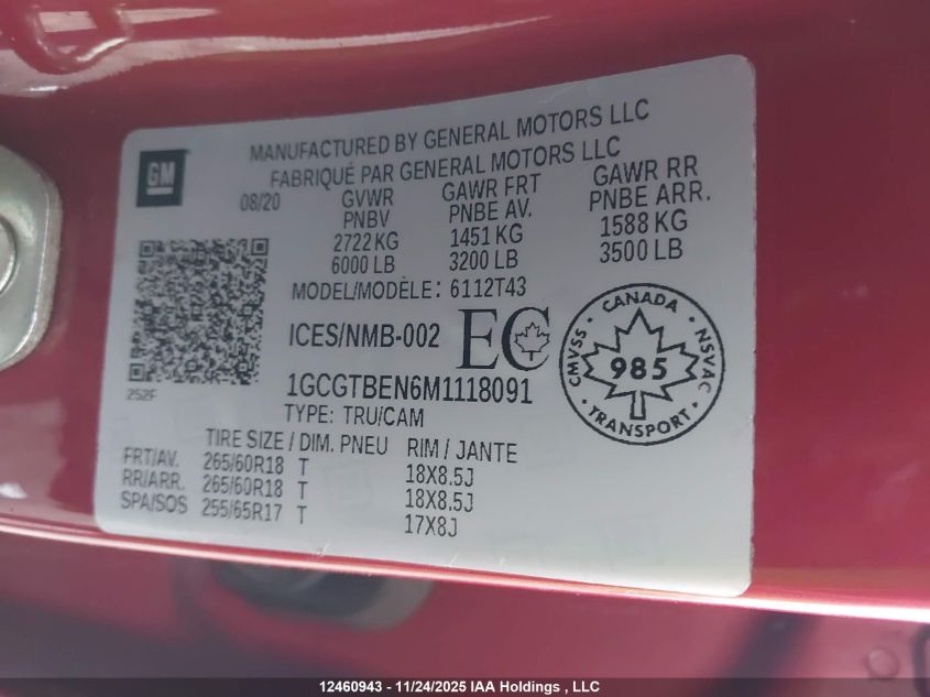 2021 Chevrolet Colorado Wt VIN: 1GCGTBEN6M1118091 Lot: 12460943