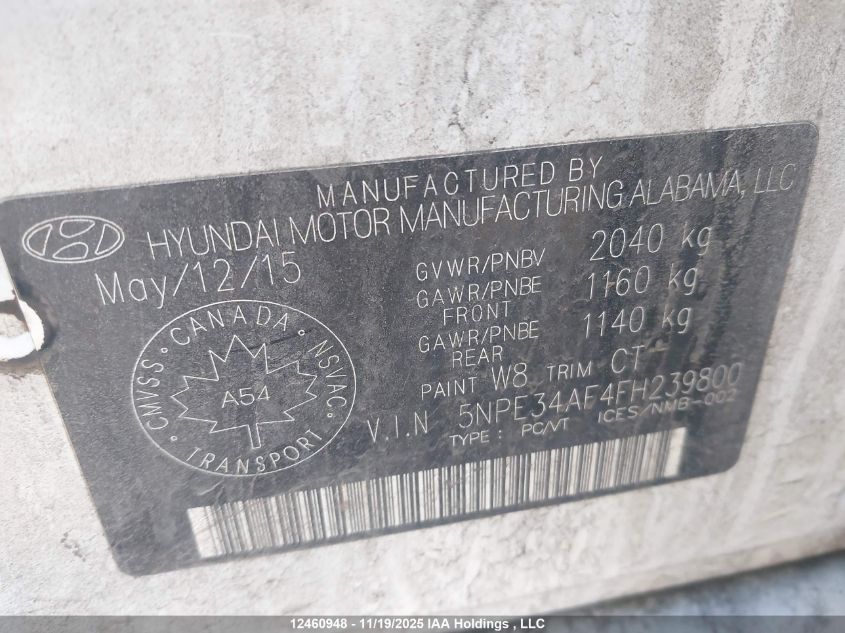 2015 Hyundai Sonata Sport/Limited VIN: 5NPE34AF4FH239800 Lot: 12460948