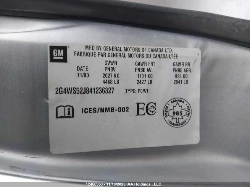2004 Buick Century Custom VIN: 2G4WS52J841236327 Lot: 12460963