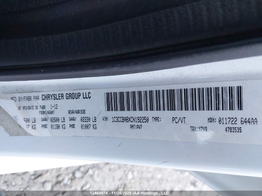 2012 Chrysler 200 Lx VIN: 1C3CCBABXCN192250 Lot: 12460974