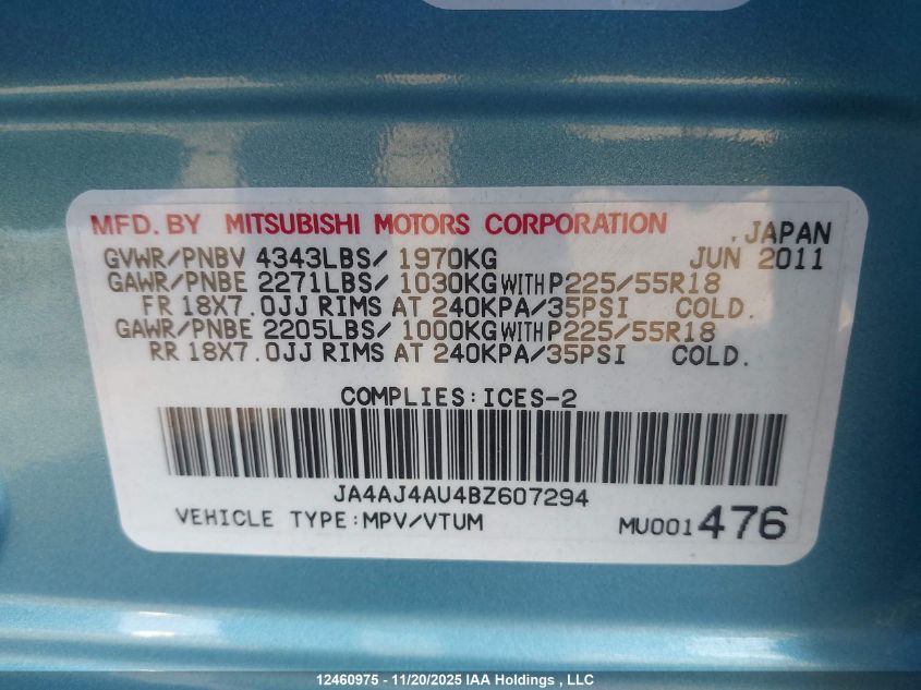 2011 Mitsubishi Rvr Gt VIN: JA4AJ4AU4BZ607294 Lot: 12460975