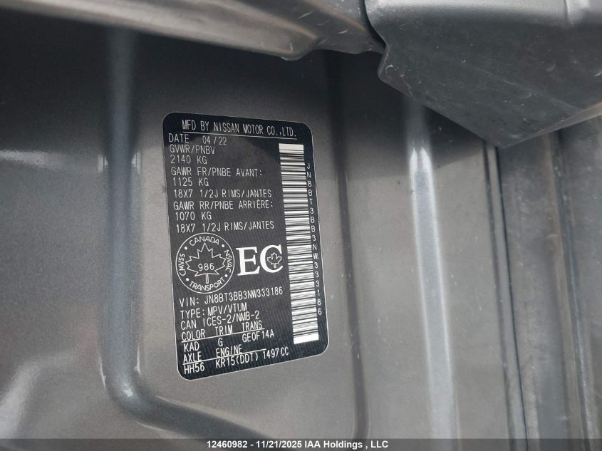 2022 Nissan Rogue Sv VIN: JN8BT3BB3NW333186 Lot: 12460982