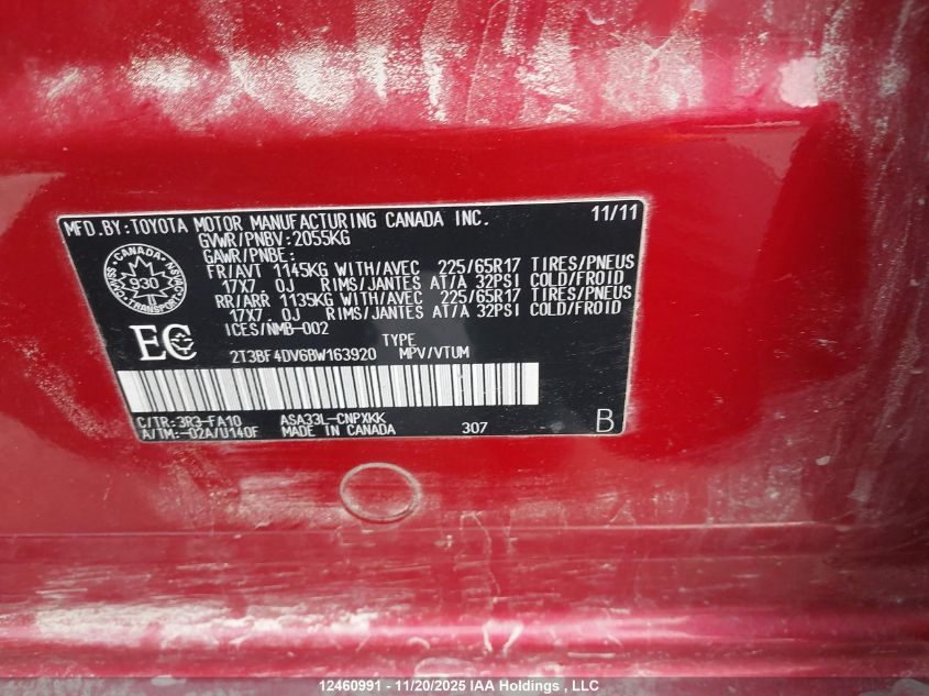 2011 Toyota Rav4 VIN: 2T3BF4DV6BW163920 Lot: 12460991