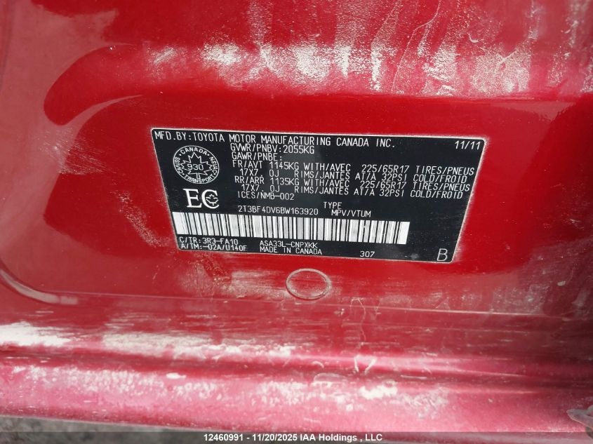 2011 Toyota Rav4 VIN: 2T3BF4DV6BW163920 Lot: 12460991