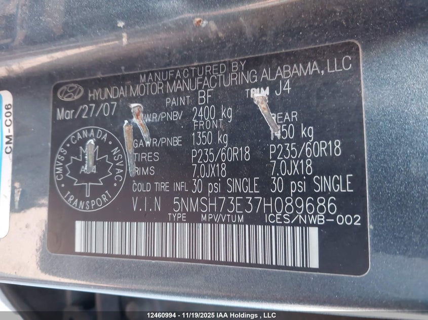 5NMSH73E37H089686 2007 HYUNDAI SANTA FE photo no. 9