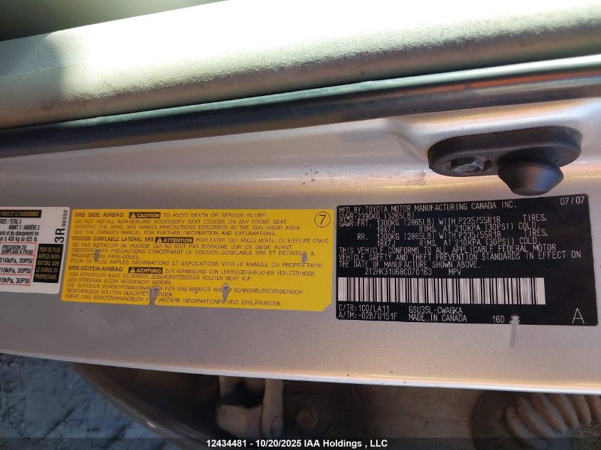 2008 Lexus Rx 350 VIN: 2T2HK31U68C070163 Lot: 12434481X