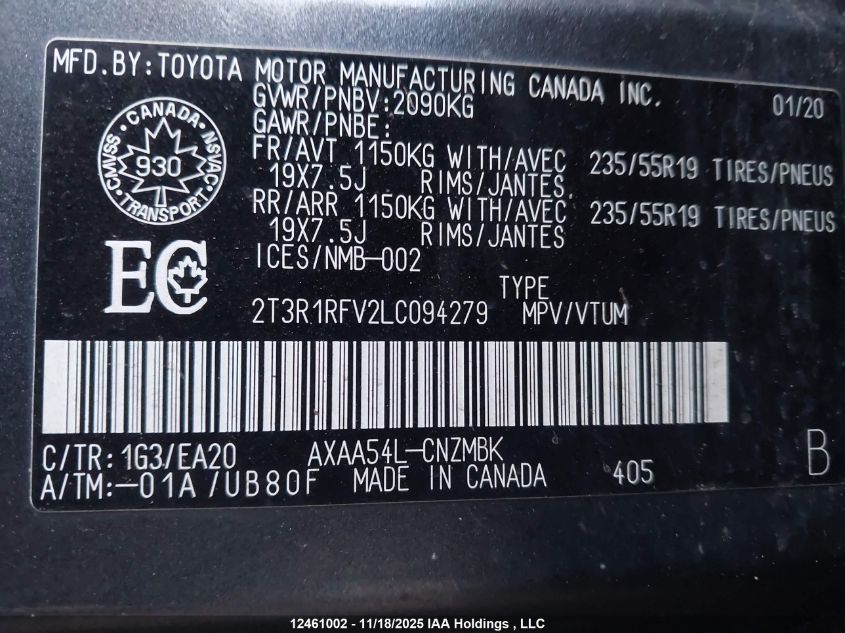 2020 Toyota Rav4 VIN: 2T3R1RFV2LC094279 Lot: 12461002