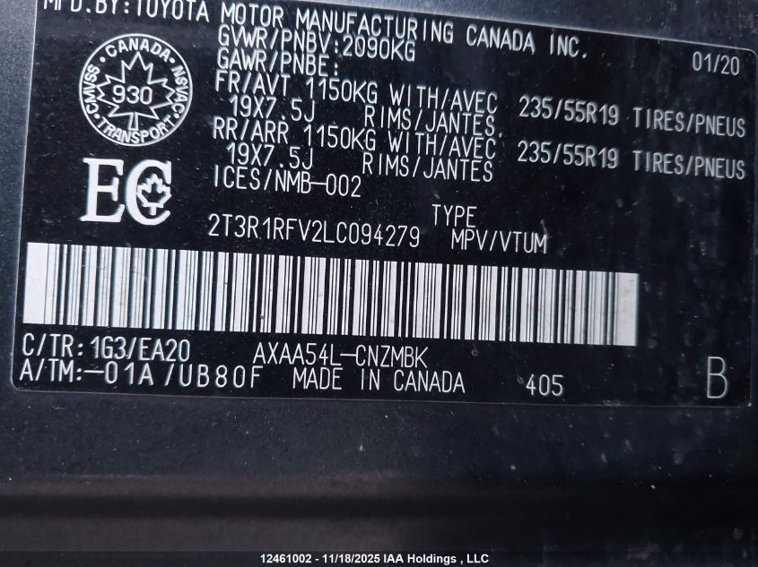 2020 Toyota Rav4 VIN: 2T3R1RFV2LC094279 Lot: 12461002