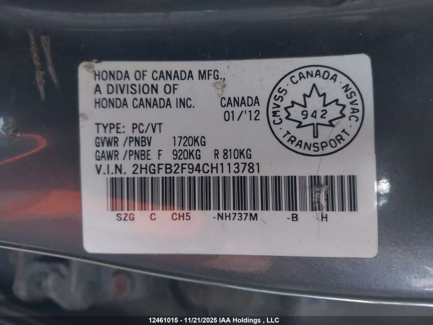 2012 Honda Civic Exl VIN: 2HGFB2F94CH113781 Lot: 12461015