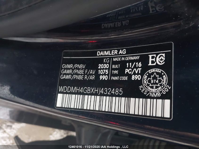 2017 Mercedes-Benz B 250 4Matic Sports Tourer VIN: WDDMH4GBXHJ432485 Lot: 12461016