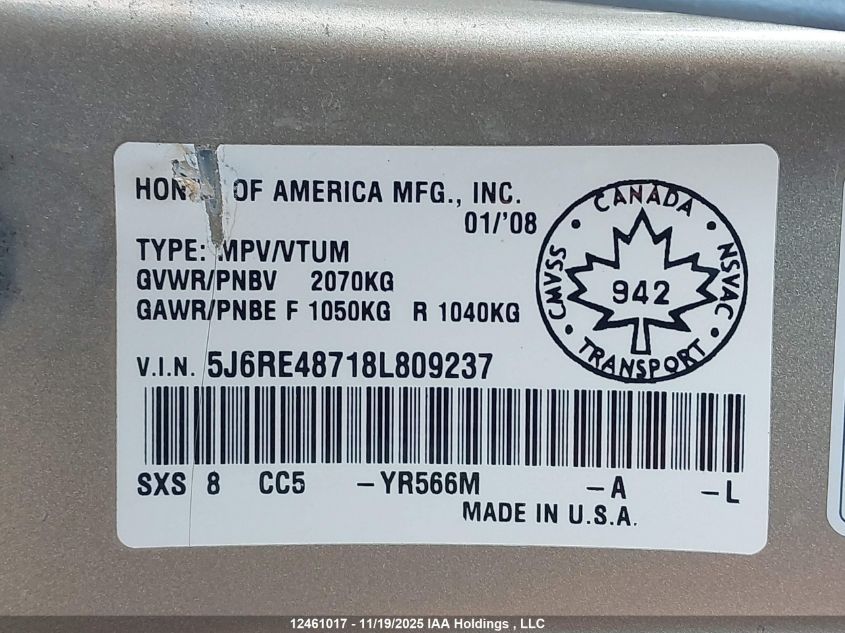 2008 Honda Cr-V Exl VIN: 5J6RE48718L809237 Lot: 12461017