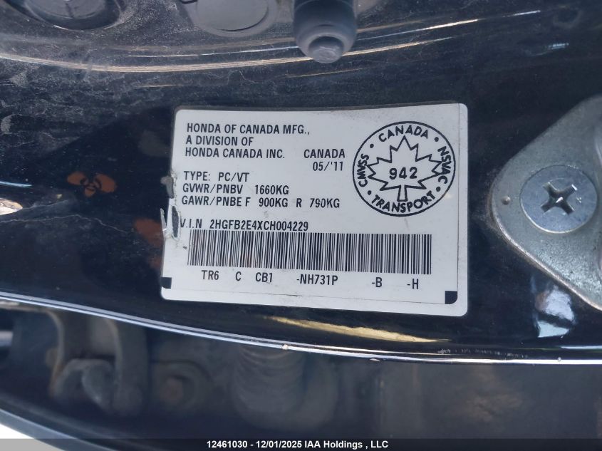 2012 Honda Civic Lx VIN: 2HGFB2E4XCH004229 Lot: 12461030