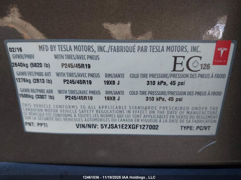 2016 Tesla Model S VIN: 5YJSA1E2XGF127002 Lot: 12461036