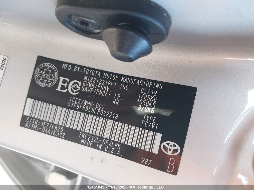 2020 Toyota Corolla VIN: 5YFBPRBE9LP022249 Lot: 12461049