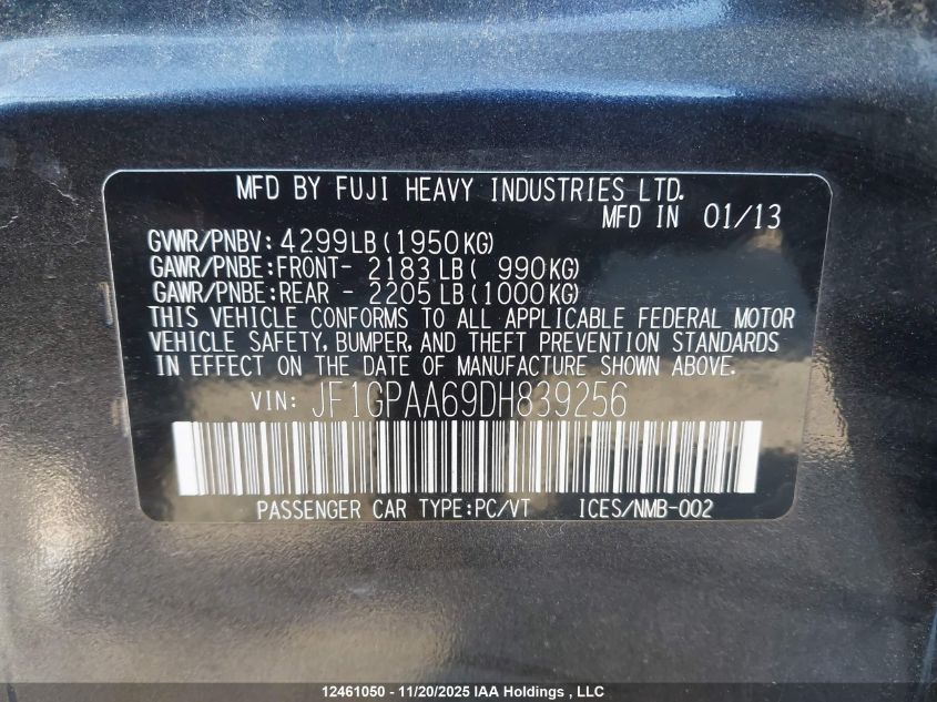2013 Subaru Impreza VIN: JF1GPAA69DH839256 Lot: 12461050