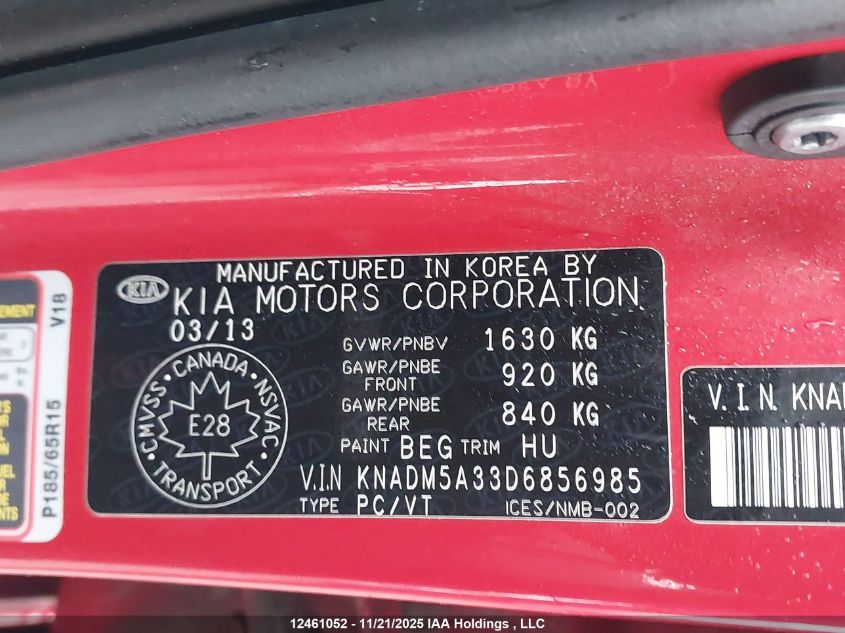 2013 Kia Rio Ex/Lx/Lx+/Sx VIN: KNADM5A33D6856985 Lot: 12461052