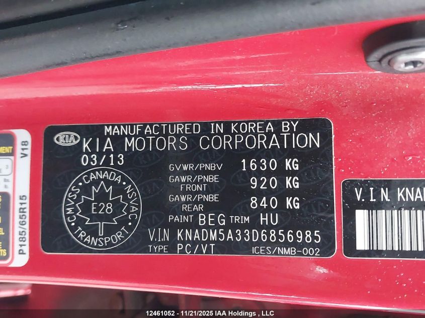 2013 Kia Rio Ex/Lx/Lx+/Sx VIN: KNADM5A33D6856985 Lot: 12461052