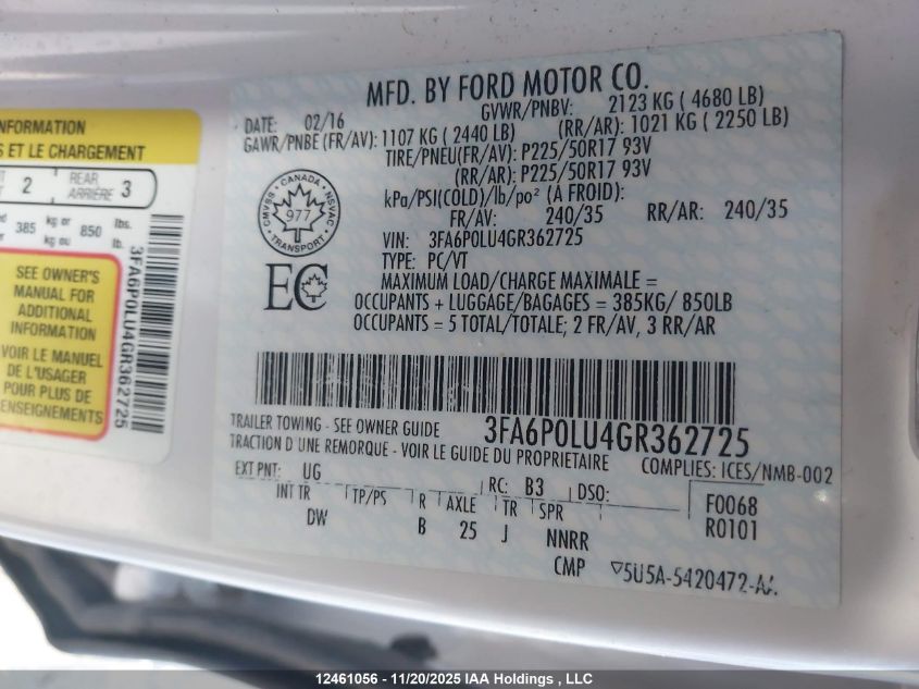 2016 Ford Fusion Se Hybrid VIN: 3FA6P0LU4GR362725 Lot: 12461056