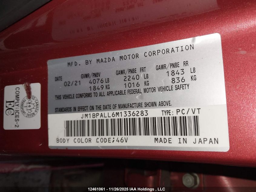 2021 Mazda 3 Preferred VIN: JM1BPALL6M1336283 Lot: 12461061