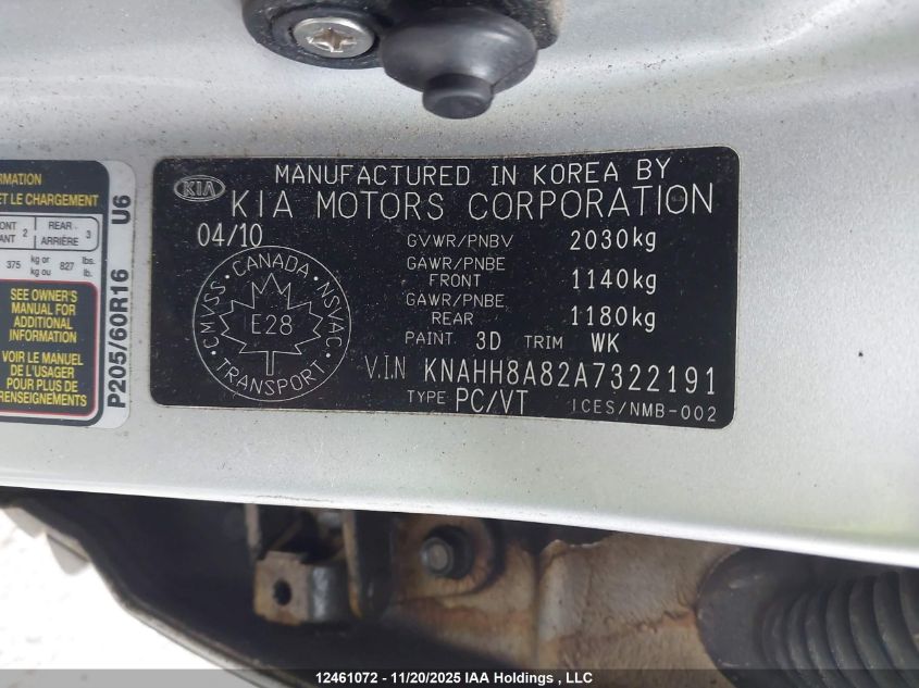 2010 Kia Rondo Ex VIN: KNAHH8A82A7322191 Lot: 12461072