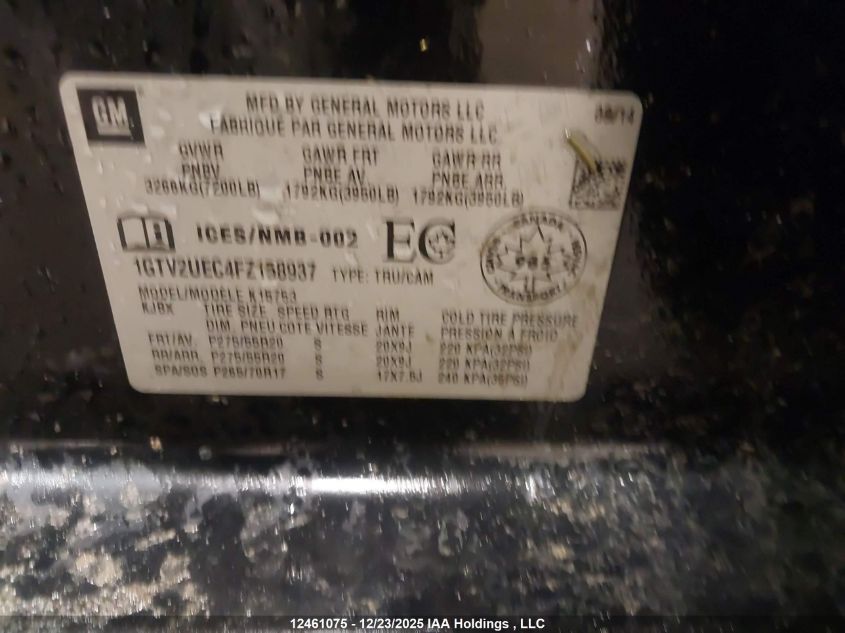 2015 GMC Sierra 1500 Sle VIN: 1GTV2UEC4FZ158937 Lot: 12461075