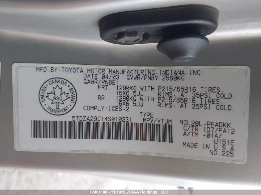 5TDZA29C14S010231 2004 TOYOTA SIENNA photo no. 9