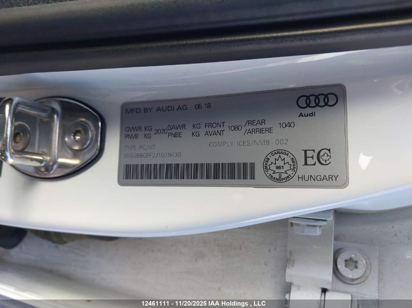 2018 Audi A3 Premium VIN: WAUB8GFF2J1079430 Lot: 12461111