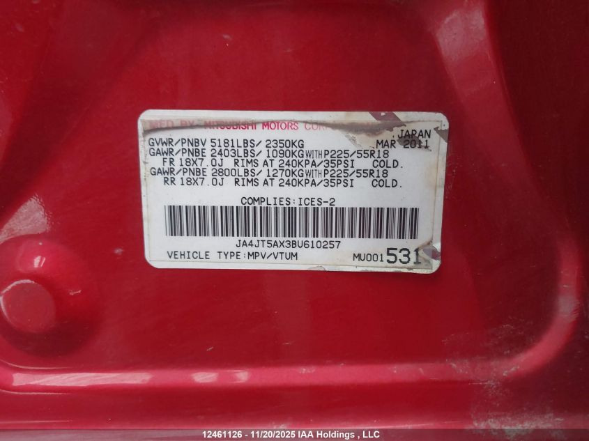 2011 Mitsubishi Outlander Gt VIN: JA4JT5AX3BU610257 Lot: 12461126