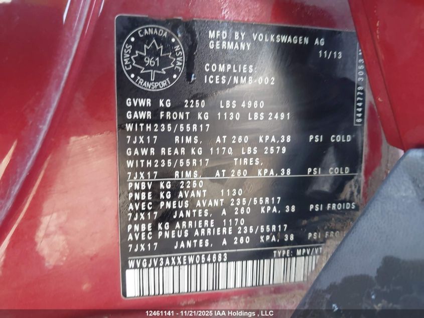 2014 Volkswagen Tiguan Comfortline/Highline/Trendline VIN: WVGJV3AXXEW054683 Lot: 12461141