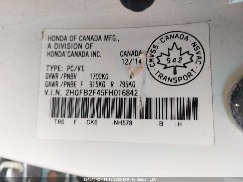 2015 Honda Civic Lx VIN: 2HGFB2F45FH016842 Lot: 12461142