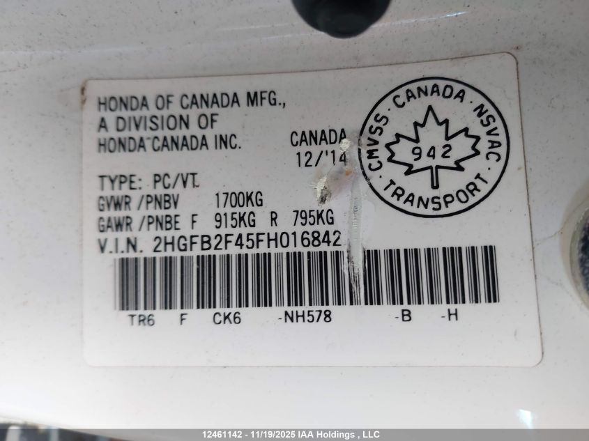 2015 Honda Civic Lx VIN: 2HGFB2F45FH016842 Lot: 12461142