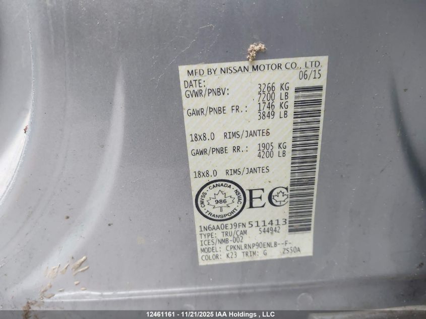 2015 Nissan Titan S/Sv/Sl/Pro-4X VIN: 1N6AA0EJ9FN511413 Lot: 12461161
