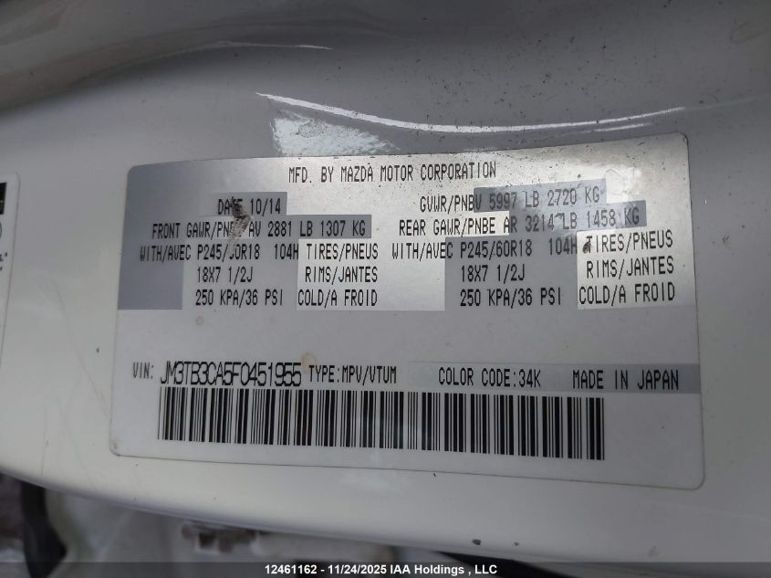 2015 Mazda Cx-9 Touring VIN: JM3TB3CA5F0451955 Lot: 12461162