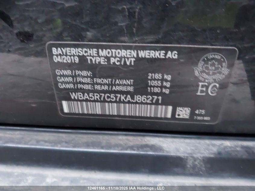 2019 BMW 330I xDrive VIN: WBA5R7C57KAJ86271 Lot: 12461165