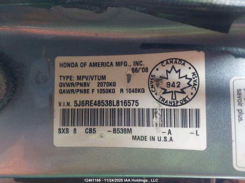 2008 Honda Cr-V Ex VIN: 5J6RE48538L816575 Lot: 12461166