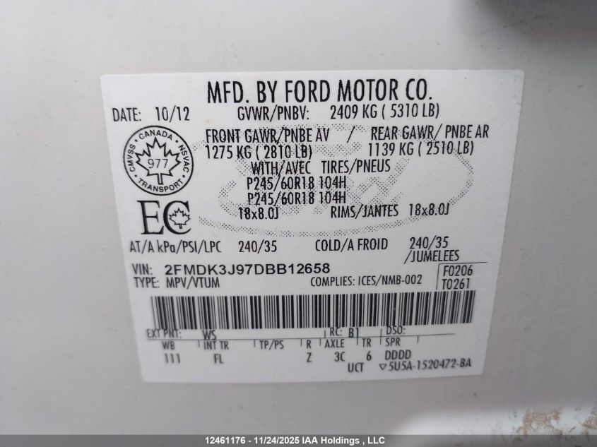 2013 Ford Edge Sel VIN: 2FMDK3J97DBB12658 Lot: 12461176