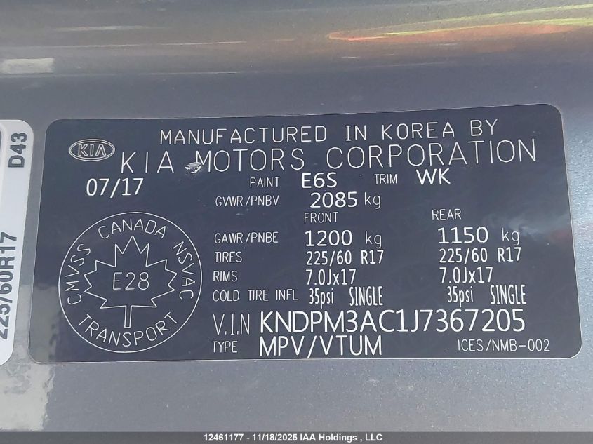 2018 Kia Sportage Lx VIN: KNDPM3AC1J7367205 Lot: 12461177
