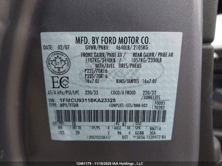 2008 Ford Escape Xlt VIN: 1FMCU93118KA23325 Lot: 12461179