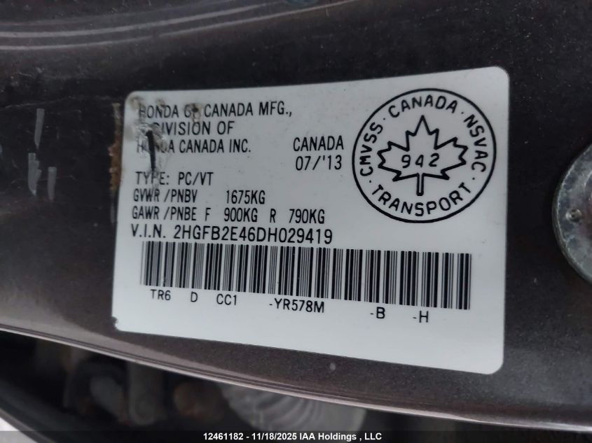 2013 Honda Civic VIN: 2HGFB2E46DH029419 Lot: 12461182