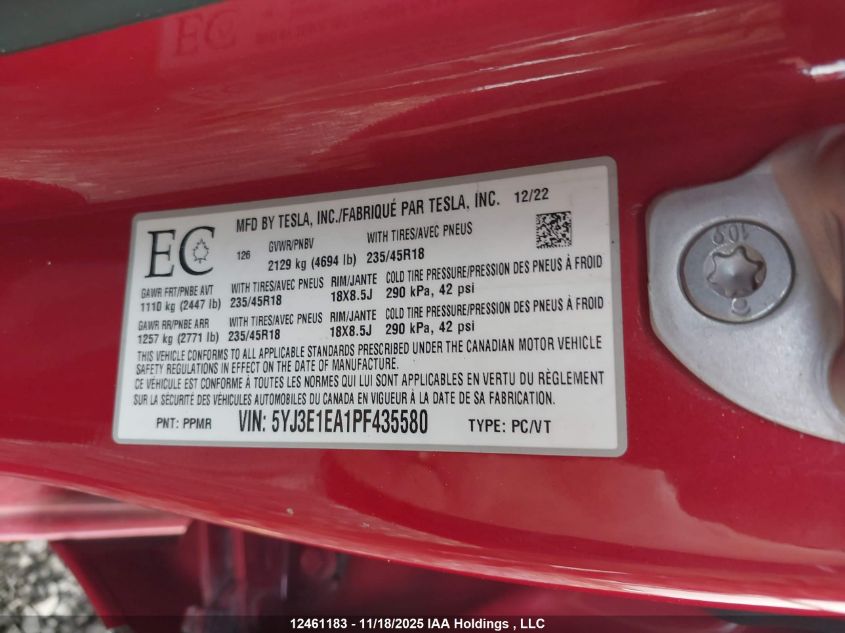 2023 Tesla Model 3 VIN: 5YJ3E1EA1PF435580 Lot: 12461183