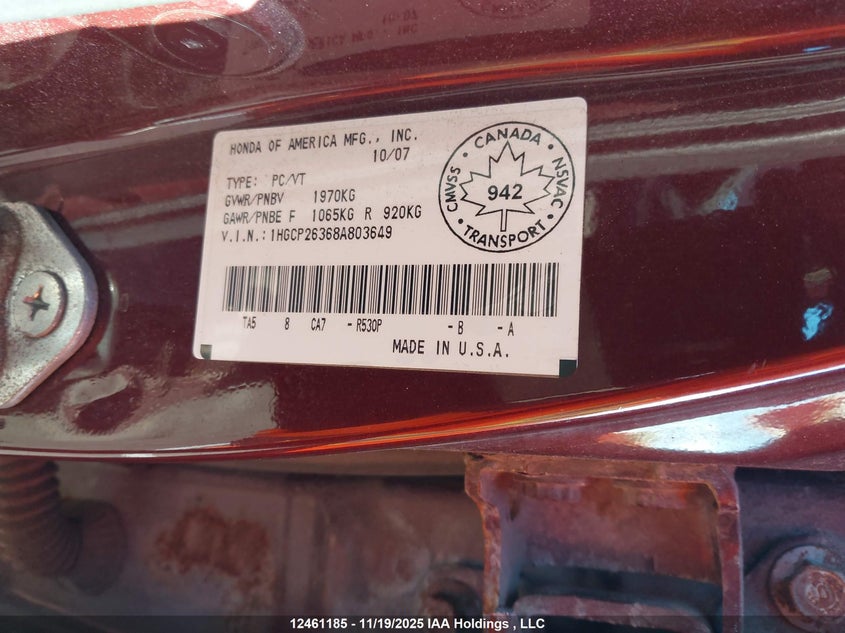 1HGCP26368A803649 2008 HONDA ACCORD photo no. 9