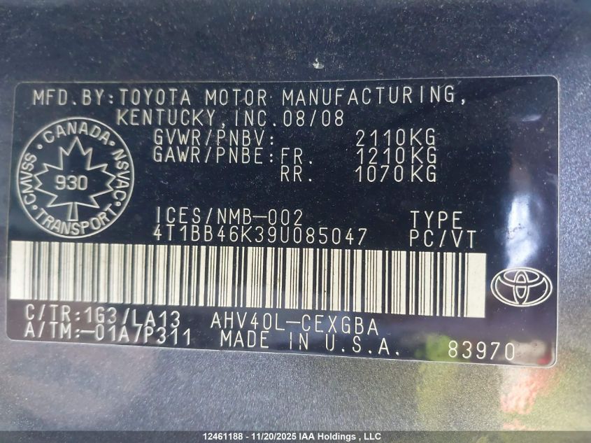 2009 Toyota Camry Hybrid VIN: 4T1BB46K39U085047 Lot: 12461188