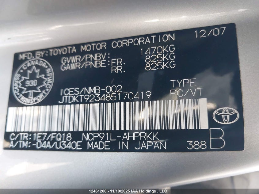 2008 Toyota Yaris VIN: JTDKT923485170419 Lot: 12461200