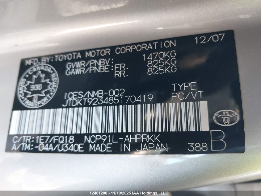 2008 Toyota Yaris VIN: JTDKT923485170419 Lot: 12461200