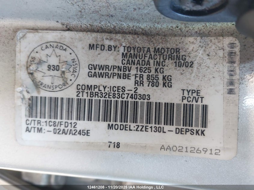 2003 Toyota Corolla Ce/Le/Sport VIN: 2T1BR32E83C740303 Lot: 12461208